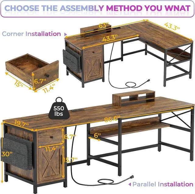 Alt view image 2 of 7 - L Shaped Computer Desk, Reversible Corner Home Office Desk or 2 Person Desk, L Desk with Drawer, Bookshelf, Storage Cabinet, Monitor Stand & Storage Bag, Rustic Brown