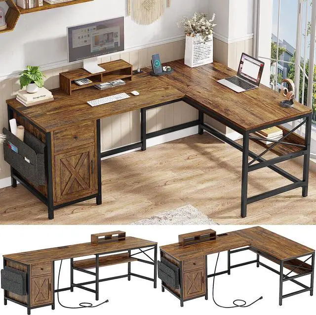 Main image of L Shaped Computer Desk, Reversible Corner Home Office Desk or 2 Person Desk, L Desk with Drawer, Bookshelf, Storage Cabinet, Monitor Stand & Storage Bag, Rustic Brown