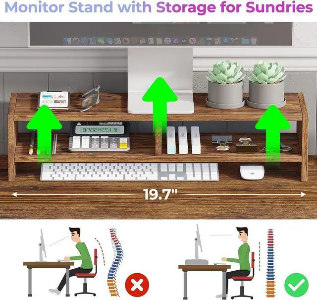 Alt view image 5 of 7 - L Shaped Computer Desk, Reversible Corner Home Office Desk or 2 Person Desk, L Desk with Drawer, Bookshelf, Storage Cabinet, Monitor Stand & Storage Bag, Rustic Brown
