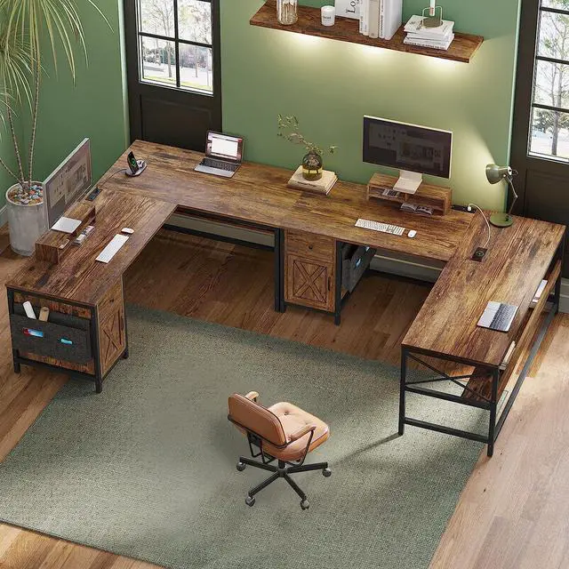 Alt view image 7 of 7 - L Shaped Computer Desk, Reversible Corner Home Office Desk or 2 Person Desk, L Desk with Drawer, Bookshelf, Storage Cabinet, Monitor Stand & Storage Bag, Rustic Brown