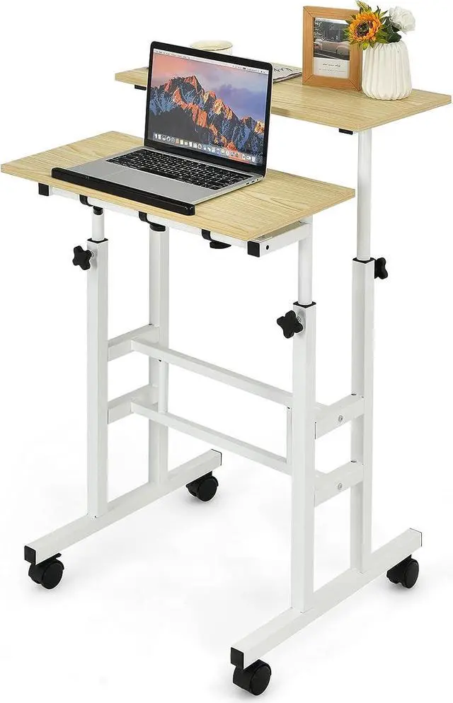 Main image of Mobile Standing Desk Stand Up Desk, Height Adjustable Computer Desk with Standing & Seating 2 Modes, Tilting Tabletop & Flexible Wheels, Rolling Laptop Cart Sit Stand Desk - Natural