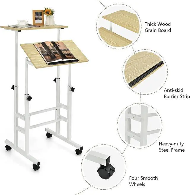 Alt view image 4 of 7 - Mobile Standing Desk Stand Up Desk, Height Adjustable Computer Desk with Standing & Seating 2 Modes, Tilting Tabletop & Flexible Wheels, Rolling Laptop Cart Sit Stand Desk - Natural