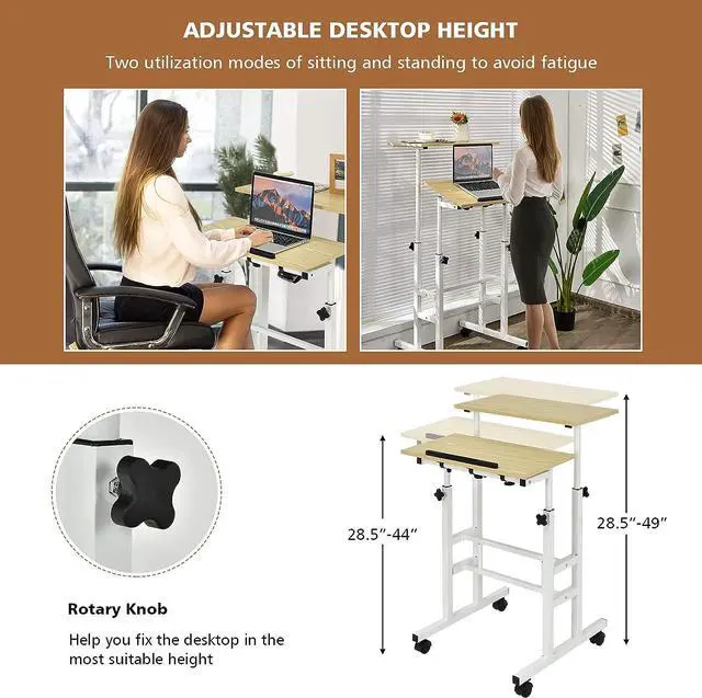Alt view image 5 of 7 - Mobile Standing Desk Stand Up Desk, Height Adjustable Computer Desk with Standing & Seating 2 Modes, Tilting Tabletop & Flexible Wheels, Rolling Laptop Cart Sit Stand Desk - Natural