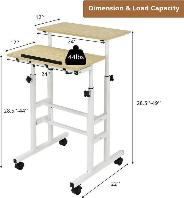 Alt view image 3 of 7 - Mobile Standing Desk Stand Up Desk, Height Adjustable Computer Desk with Standing & Seating 2 Modes, Tilting Tabletop & Flexible Wheels, Rolling Laptop Cart Sit Stand Desk - Natural