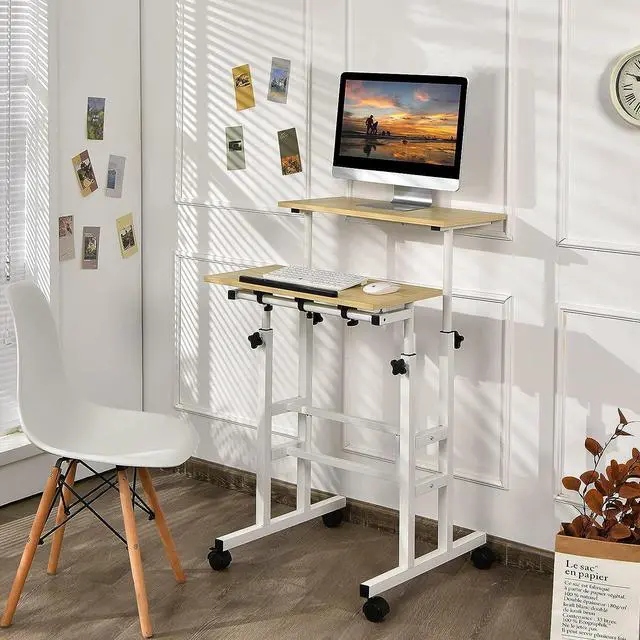 Alt view image 2 of 7 - Mobile Standing Desk Stand Up Desk, Height Adjustable Computer Desk with Standing & Seating 2 Modes, Tilting Tabletop & Flexible Wheels, Rolling Laptop Cart Sit Stand Desk - Natural