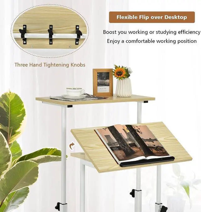 Alt view image 7 of 7 - Mobile Standing Desk Stand Up Desk, Height Adjustable Computer Desk with Standing & Seating 2 Modes, Tilting Tabletop & Flexible Wheels, Rolling Laptop Cart Sit Stand Desk - Natural