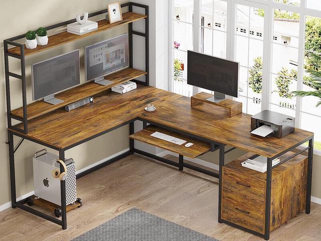 94.4 L Shaped Desk with Hutch, Home Office Desk with File Drawers, 94.4  Inches Two Person Desk, Corner Computer Desk with Keyboard Tray, Monitor