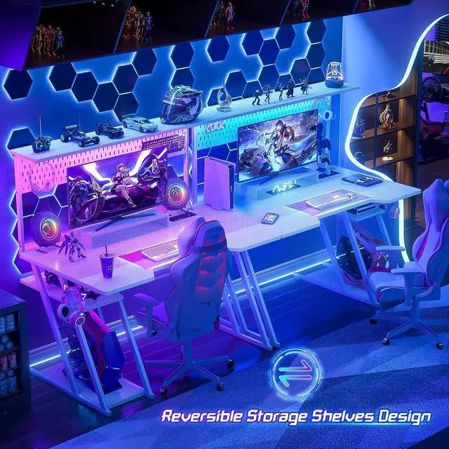 Alt view image 4 of 7 - 47'' Gaming Computer Desk with Storage Shelves & Z-Shaped Legs, Gaming Desk with Hutch and LED Lights, Reversible PC Gaming Desk with Pegboard for Bedroom & Small Spaces, Carbon Fiber Surface, White