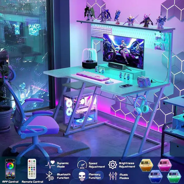 Alt view image 2 of 7 - 47'' Gaming Computer Desk with Storage Shelves & Z-Shaped Legs, Gaming Desk with Hutch and LED Lights, Reversible PC Gaming Desk with Pegboard for Bedroom & Small Spaces, Carbon Fiber Surface, White