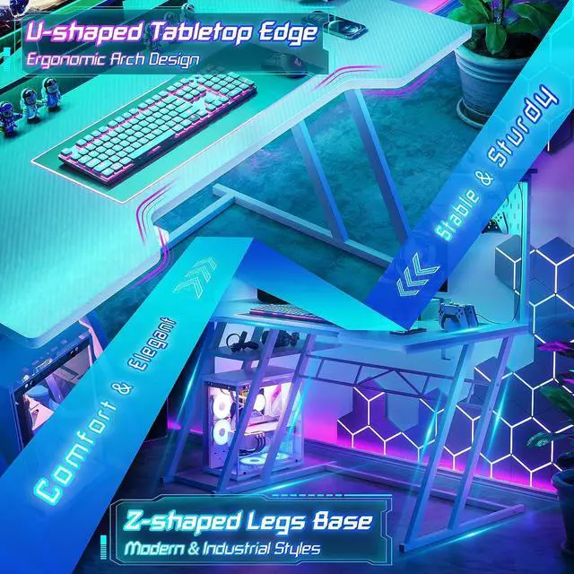 Alt view image 6 of 7 - 47'' Gaming Computer Desk with Storage Shelves & Z-Shaped Legs, Gaming Desk with Hutch and LED Lights, Reversible PC Gaming Desk with Pegboard for Bedroom & Small Spaces, Carbon Fiber Surface, White