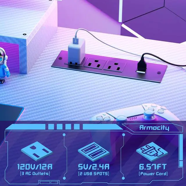 Alt view image 7 of 7 - 47'' Gaming Computer Desk with Storage Shelves & Z-Shaped Legs, Gaming Desk with Hutch and LED Lights, Reversible PC Gaming Desk with Pegboard for Bedroom & Small Spaces, Carbon Fiber Surface, White