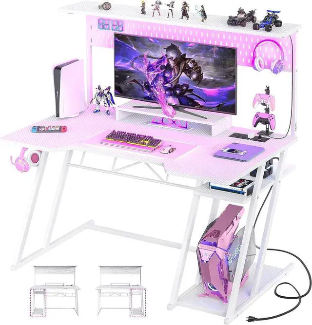 Main image of 47'' Gaming Computer Desk with Storage Shelves & Z-Shaped Legs, Gaming Desk with Hutch and LED Lights, Reversible PC Gaming Desk with Pegboard for Bedroom & Small Spaces, Carbon Fiber Surface, White