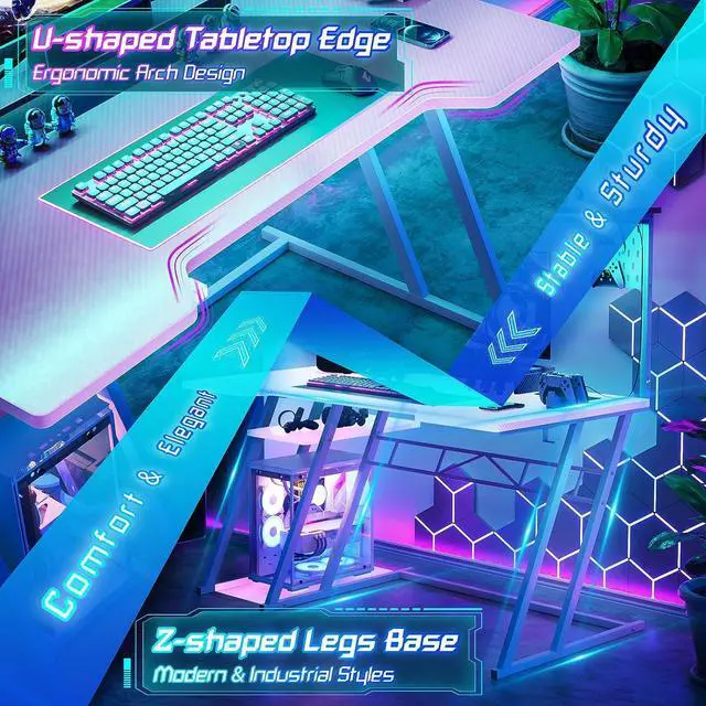 Alt view image 5 of 7 - 47'' Gaming Computer Desk with Storage Shelves & Z-Shaped Legs, Gaming Desk with Hutch and LED Lights, Reversible PC Gaming Desk with Pegboard for Bedroom & Small Spaces, Carbon Fiber Surface, Pink