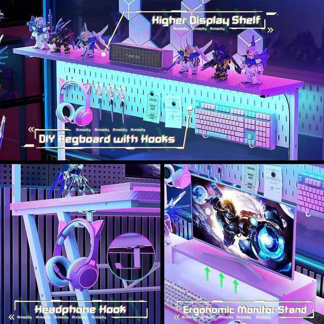 Alt view image 4 of 7 - 47'' Gaming Computer Desk with Storage Shelves & Z-Shaped Legs, Gaming Desk with Hutch and LED Lights, Reversible PC Gaming Desk with Pegboard for Bedroom & Small Spaces, Carbon Fiber Surface, Pink