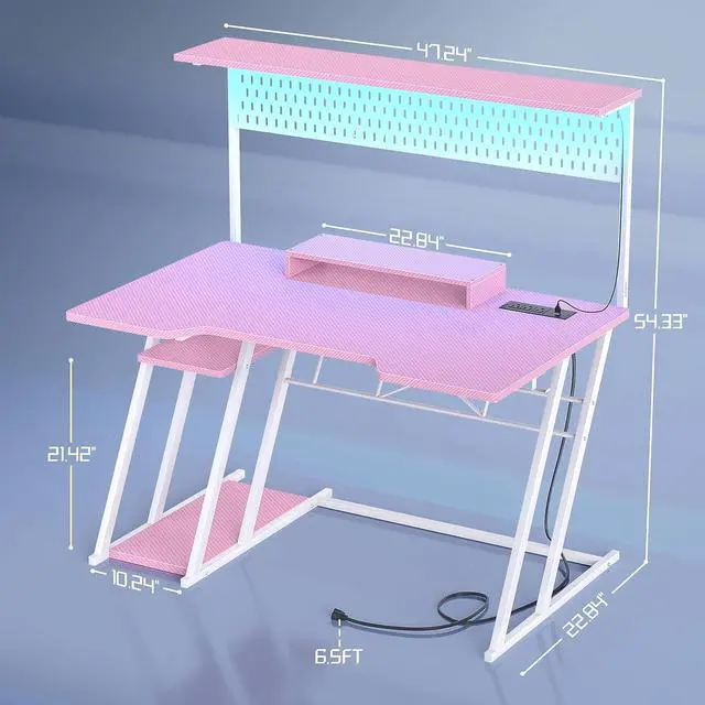Alt view image 3 of 7 - 47'' Gaming Computer Desk with Storage Shelves & Z-Shaped Legs, Gaming Desk with Hutch and LED Lights, Reversible PC Gaming Desk with Pegboard for Bedroom & Small Spaces, Carbon Fiber Surface, Pink
