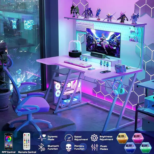 Alt view image 2 of 7 - 47'' Gaming Computer Desk with Storage Shelves & Z-Shaped Legs, Gaming Desk with Hutch and LED Lights, Reversible PC Gaming Desk with Pegboard for Bedroom & Small Spaces, Carbon Fiber Surface, Pink