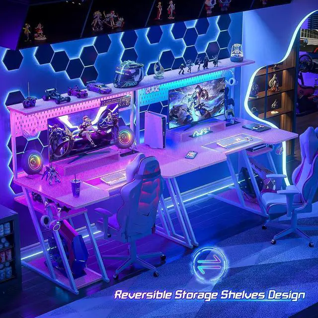 Alt view image 7 of 7 - 47'' Gaming Computer Desk with Storage Shelves & Z-Shaped Legs, Gaming Desk with Hutch and LED Lights, Reversible PC Gaming Desk with Pegboard for Bedroom & Small Spaces, Carbon Fiber Surface, Pink
