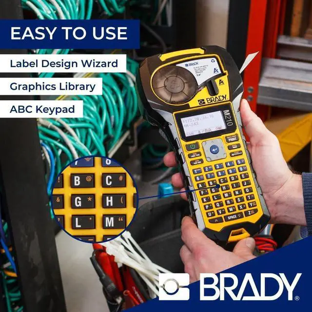 Alt view image 2 of 7 - Brady M210 Portable Label Printer with Rubber Bumpers, Multi-Line Print, 6 to 40 Point Font (Replaces BMP21-PLUS Printer), Yellow/Black, 9.5 in H x 4.5 in W x 2.5 in D