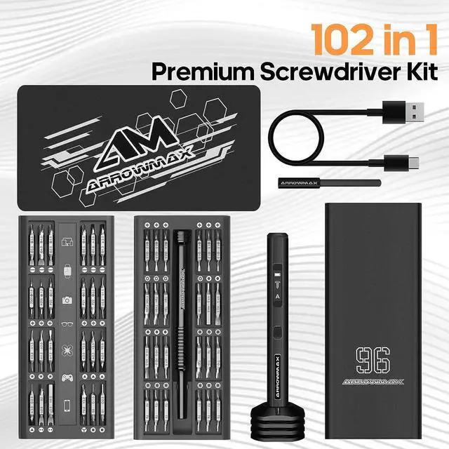 Alt view image 4 of 7 - 102 in 1 Electric Screwdriver, ARROWMAX Cordless Precision Screwdriver Set with 96 Magnetic Bits, Red Dot, IF Winning Design, Rechargeable Electronic Screwdriver Set for Phone Laptop Camera Watch