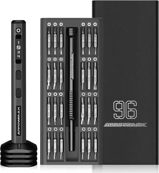 Main image of ARROWMAX Electric Screwdriver, 102 in 1 Precision Screwdriver w/ 96 Magnetic Bits, 4 Torque Modes, Red Dot, IF Winning Design, Rechargeable Mini Cordless Screwdriver for Phone, Laptop, Black