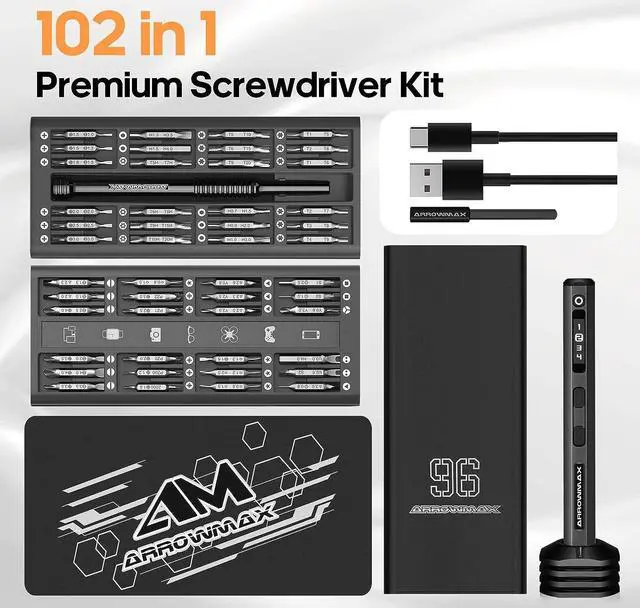 Alt view image 3 of 7 - ARROWMAX Electric Screwdriver, 102 in 1 Precision Screwdriver w/ 96 Magnetic Bits, 4 Torque Modes, Red Dot, IF Winning Design, Rechargeable Mini Cordless Screwdriver for Phone, Laptop, Black