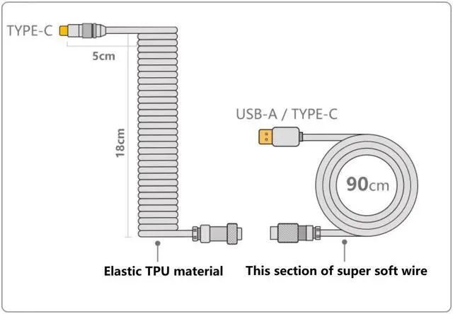 Alt view image 2 of 2 - Coiled Keyboard Cable,Custom Coiled Type-C to USB A Cable,Double-Sleeved Wire with 2 Generation Metal Aviator Connector for Mechanical Gaming Keyboard - Yellow