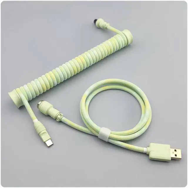 Main image of Coiled Keyboard Cable,Custom Coiled Type-C to USB A Cable,Double-Sleeved Wire with 2 Generation Metal Aviator Connector for Mechanical Gaming Keyboard - Green
