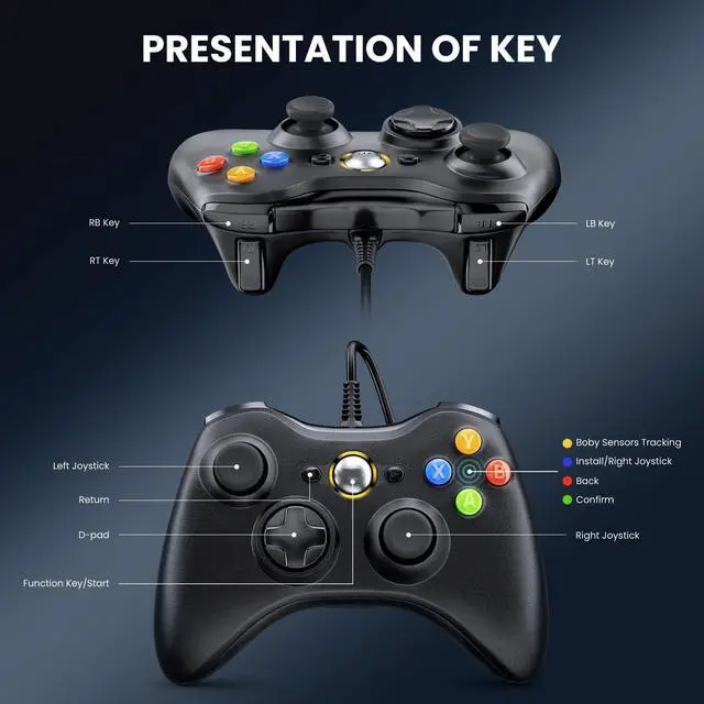 Alt view image 5 of 6 - PC Controller, Wired Controller Compatible with Microsoft Xbox 360 & Slim/PC Windows 10/8/7, with Upgraded Joystick, Double Shock | Enhanced  - Black