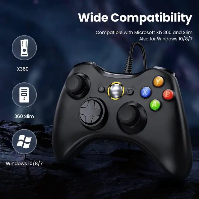 Alt view image 4 of 6 - PC Controller, Wired Controller Compatible with Microsoft Xbox 360 & Slim/PC Windows 10/8/7, with Upgraded Joystick, Double Shock | Enhanced  - Black