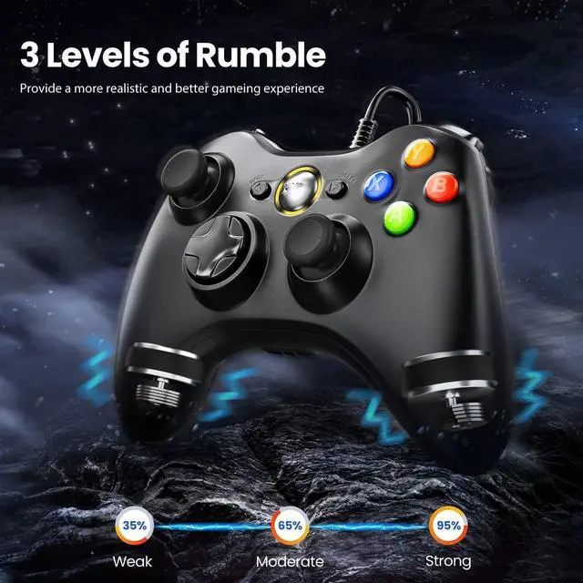 Alt view image 3 of 6 - PC Controller, Wired Controller Compatible with Microsoft Xbox 360 & Slim/PC Windows 10/8/7, with Upgraded Joystick, Double Shock | Enhanced  - Black