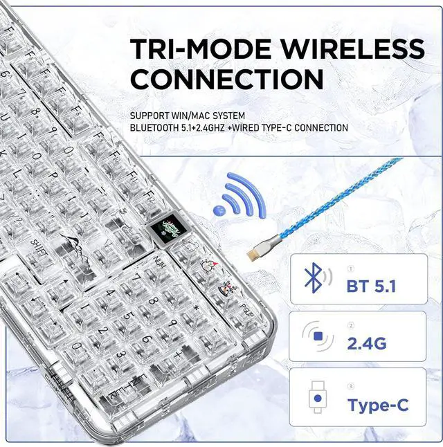 Alt view image 3 of 6 - Wireless Hot Swappable Mechanical Keyboard with OLED, 1800 Layout Transparent Acrylic Gasket Mounted Keyboard for for Windows/Mac - Ice Blade Tactile Switch, White , With Metal Box