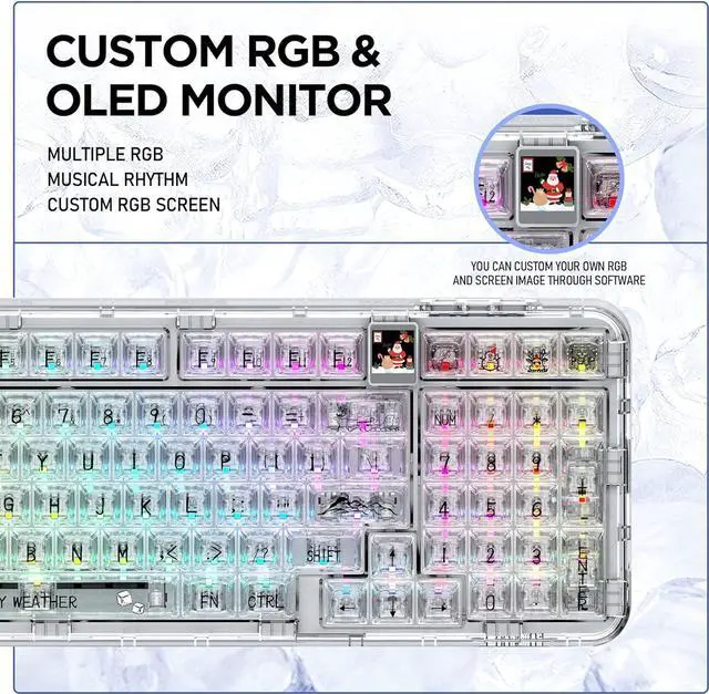 Alt view image 4 of 6 - Wireless Hot Swappable Mechanical Keyboard with OLED, 1800 Layout Transparent Acrylic Gasket Mounted Keyboard for for Windows/Mac - Ice Blade Tactile Switch, White , With Metal Box