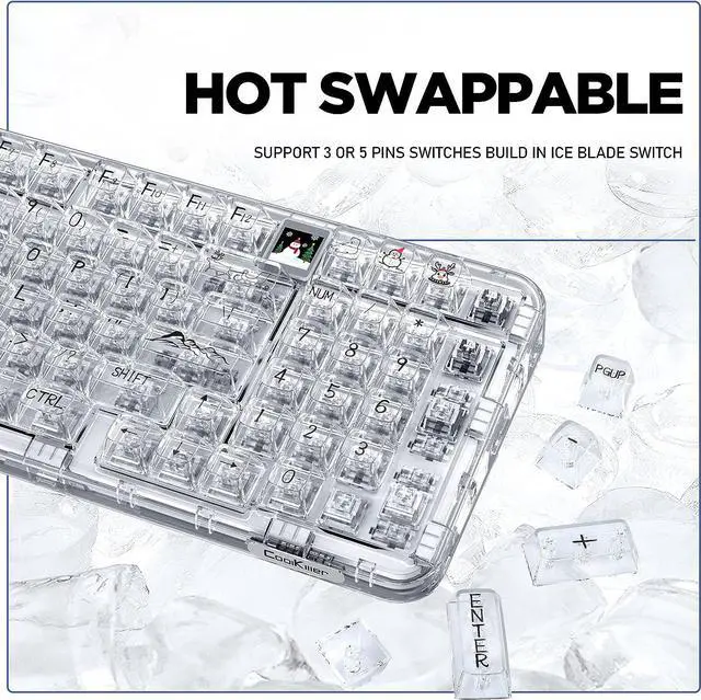 Alt view image 2 of 6 - Wireless Hot Swappable Mechanical Keyboard with OLED, 1800 Layout Transparent Acrylic Gasket Mounted Keyboard for for Windows/Mac - Ice Blade Tactile Switch, White , With Metal Box