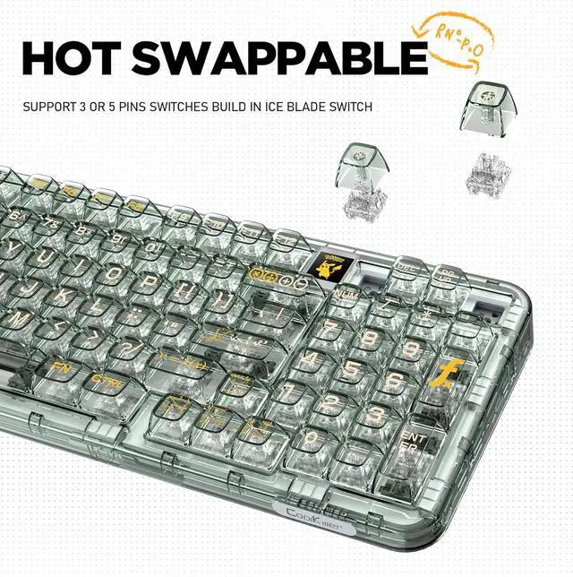 Alt view image 2 of 7 - Wireless Hot Swappable Mechanical Keyboard with OLED, 1800 Layout Transparent Acrylic Gasket Mounted Keyboard for for Windows/Mac - Ice Blade Tactile Switch, Green , With Metal Box