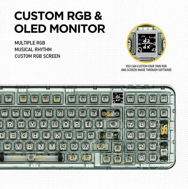 Alt view image 3 of 7 - Wireless Hot Swappable Mechanical Keyboard with OLED, 1800 Layout Transparent Acrylic Gasket Mounted Keyboard for for Windows/Mac - Ice Blade Tactile Switch, Green , With Metal Box