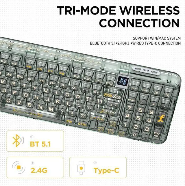 Alt view image 5 of 7 - Wireless Hot Swappable Mechanical Keyboard with OLED, 1800 Layout Transparent Acrylic Gasket Mounted Keyboard for for Windows/Mac - Ice Blade Tactile Switch, Green , With Metal Box