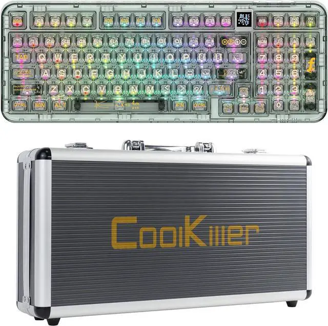 Alt view image 7 of 7 - Wireless Hot Swappable Mechanical Keyboard with OLED, 1800 Layout Transparent Acrylic Gasket Mounted Keyboard for for Windows/Mac - Ice Blade Tactile Switch, Green , With Metal Box