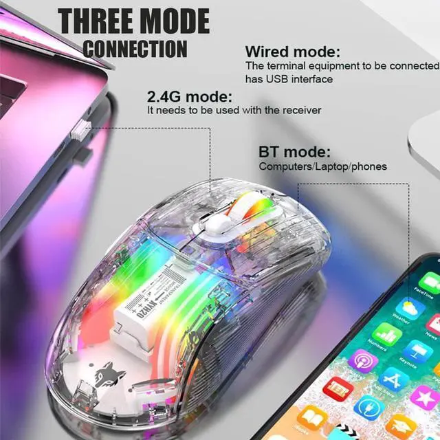 Alt view image 2 of 7 - Bluetooth Wireless Mouse, Transparent RGB Mechanical Dual Mode Gaming Mouse, A Must-Have Cool USB Computer Mouse for Gaming and Esports - Black