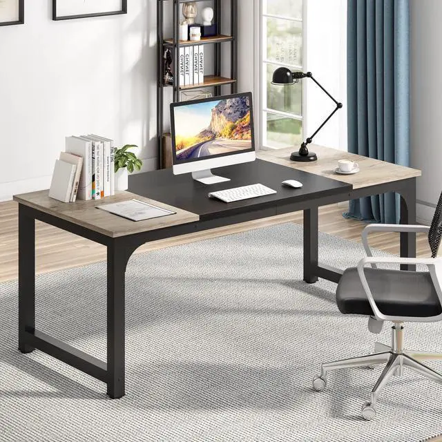 Alt view image 3 of 5 - Modern Computer Desk, 70.8 x 31.5 inch Large Office Desk Computer Table Study Writing Desk Workstation for Home Office, Black Metal Frame, Grey Oak