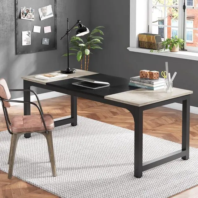 Alt view image 4 of 5 - Modern Computer Desk, 70.8 x 31.5 inch Large Office Desk Computer Table Study Writing Desk Workstation for Home Office, Black Metal Frame, Grey Oak