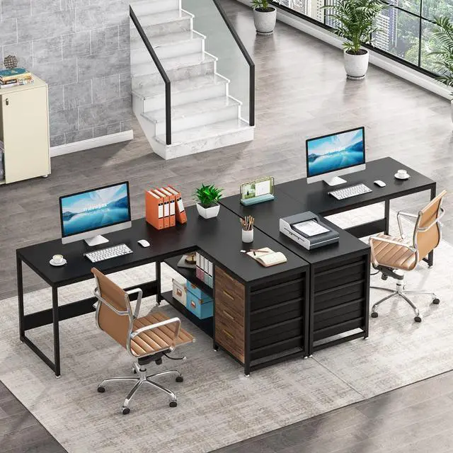 Alt view image 4 of 6 - 59" L Shaped Computer Desk with Storage Drawers, 59 inch Corner Desk with Shelves, Reversible L-Shaped Office Desk Writing Table Workstation for Home Office, Black