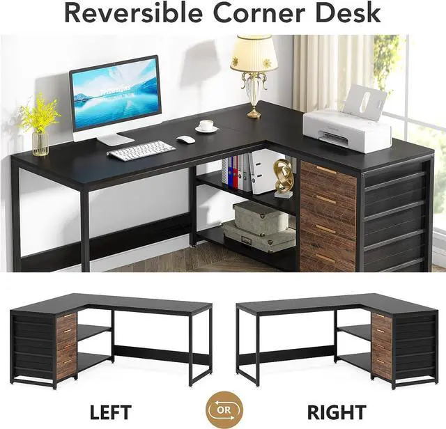 Alt view image 2 of 6 - 59" L Shaped Computer Desk with Storage Drawers, 59 inch Corner Desk with Shelves, Reversible L-Shaped Office Desk Writing Table Workstation for Home Office, Black