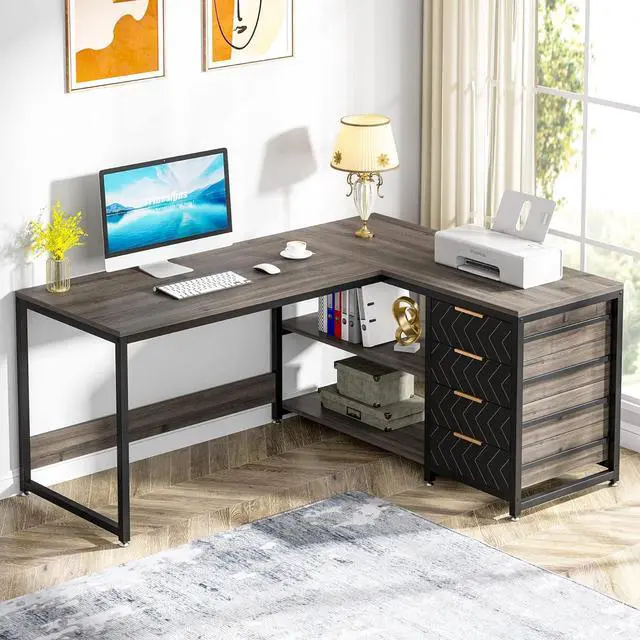 Main image of 59" L Shaped Computer Desk with Storage Drawers, 59 inch Corner Desk with Shelves, Reversible L-Shaped Office Desk Writing Table Workstation for Home Office, Grey