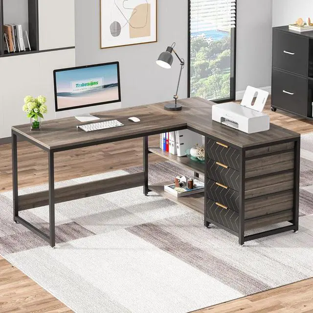 Alt view image 2 of 6 - 59" L Shaped Computer Desk with Storage Drawers, 59 inch Corner Desk with Shelves, Reversible L-Shaped Office Desk Writing Table Workstation for Home Office, Grey