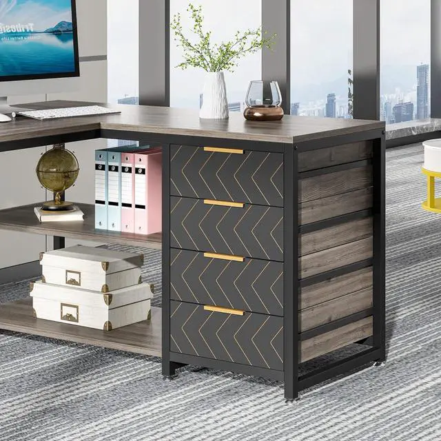 Alt view image 6 of 6 - 59" L Shaped Computer Desk with Storage Drawers, 59 inch Corner Desk with Shelves, Reversible L-Shaped Office Desk Writing Table Workstation for Home Office, Grey