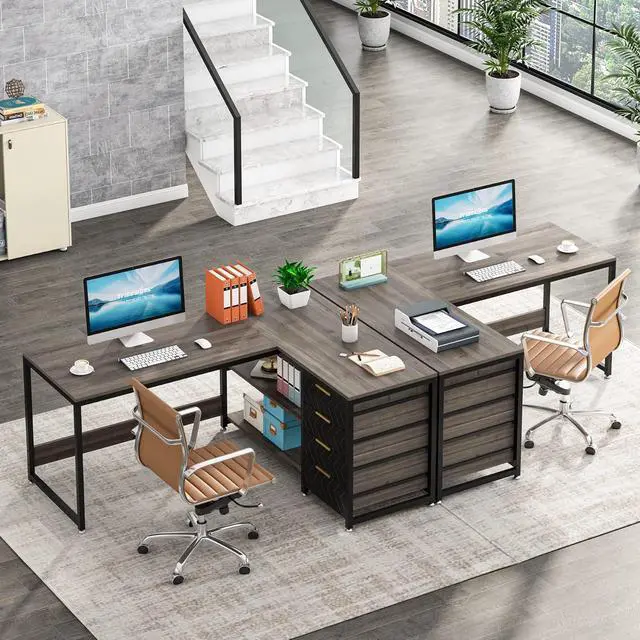 Alt view image 3 of 6 - 59" L Shaped Computer Desk with Storage Drawers, 59 inch Corner Desk with Shelves, Reversible L-Shaped Office Desk Writing Table Workstation for Home Office, Grey