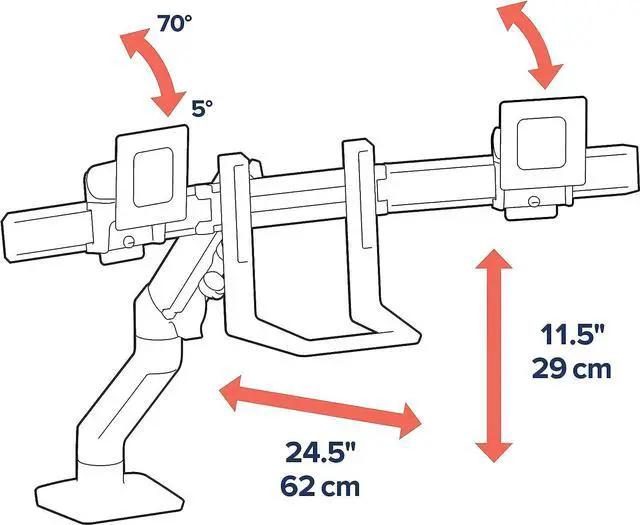 Alt view image 3 of 6 - Ergotron  HX Dual Monitor Arm, VESA Desk Mount  for 2 Monitors Up to 32 Inches, 5 to 17.5 lbs Each  Polished Aluminum