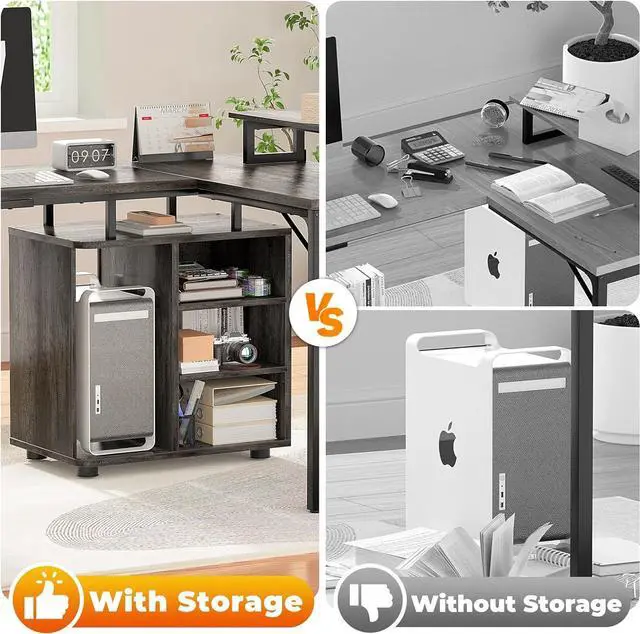 Alt view image 6 of 7 - 59'' L Shaped Desk with Power Outlet and Storage Shelves, Reversible Gaming Desk with LED Strip, Large 2 Person Computer Desk with Cabinet & Monitor Stand, Corner Home Office Desk, Grey Oak