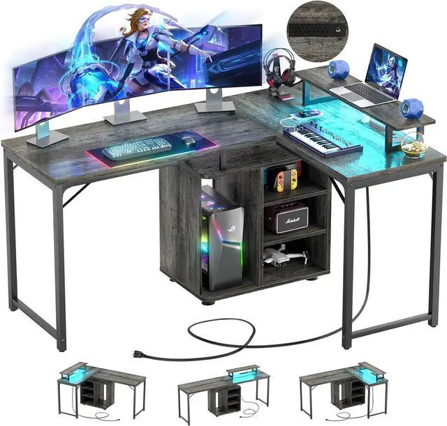 Main image of 59'' L Shaped Desk with Power Outlet and Storage Shelves, Reversible Gaming Desk with LED Strip, Large 2 Person Computer Desk with Cabinet & Monitor Stand, Corner Home Office Desk, Grey Oak