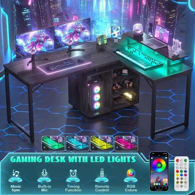 Alt view image 3 of 7 - 59'' L Shaped Desk with Power Outlet and Storage Shelves, Reversible Gaming Desk with LED Strip, Large 2 Person Computer Desk with Cabinet & Monitor Stand, Corner Home Office Desk, Grey Oak